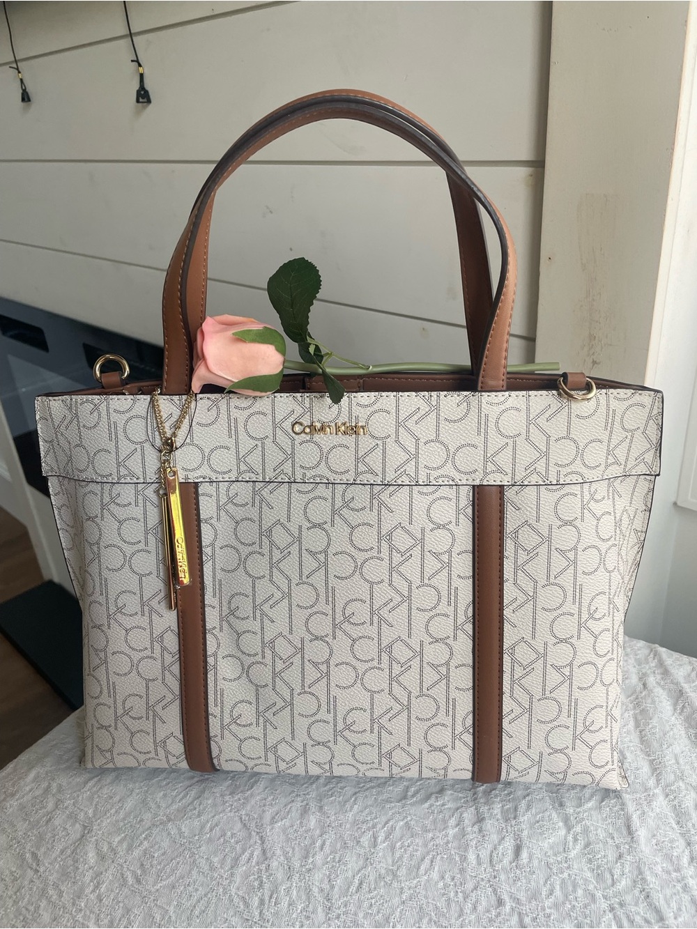 Calvin Klein Cream Monogram Tote with Brown Trim